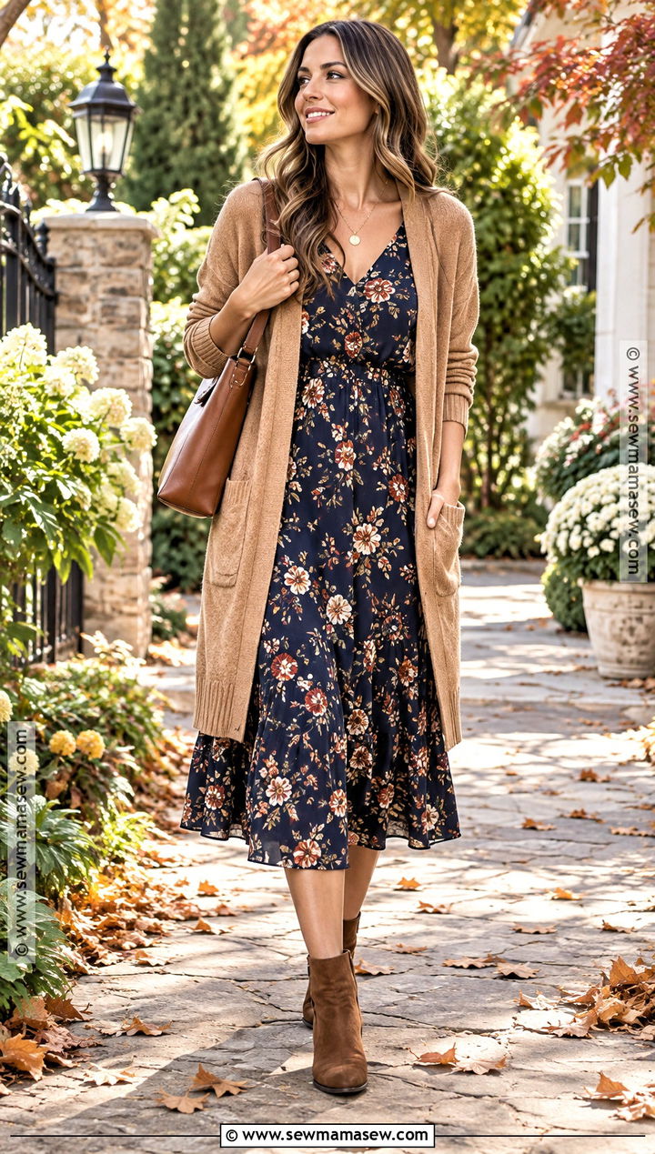 Floral Midi Dress And Long Cardigan Fall Outfit - 20 mid size fall fashion ideas