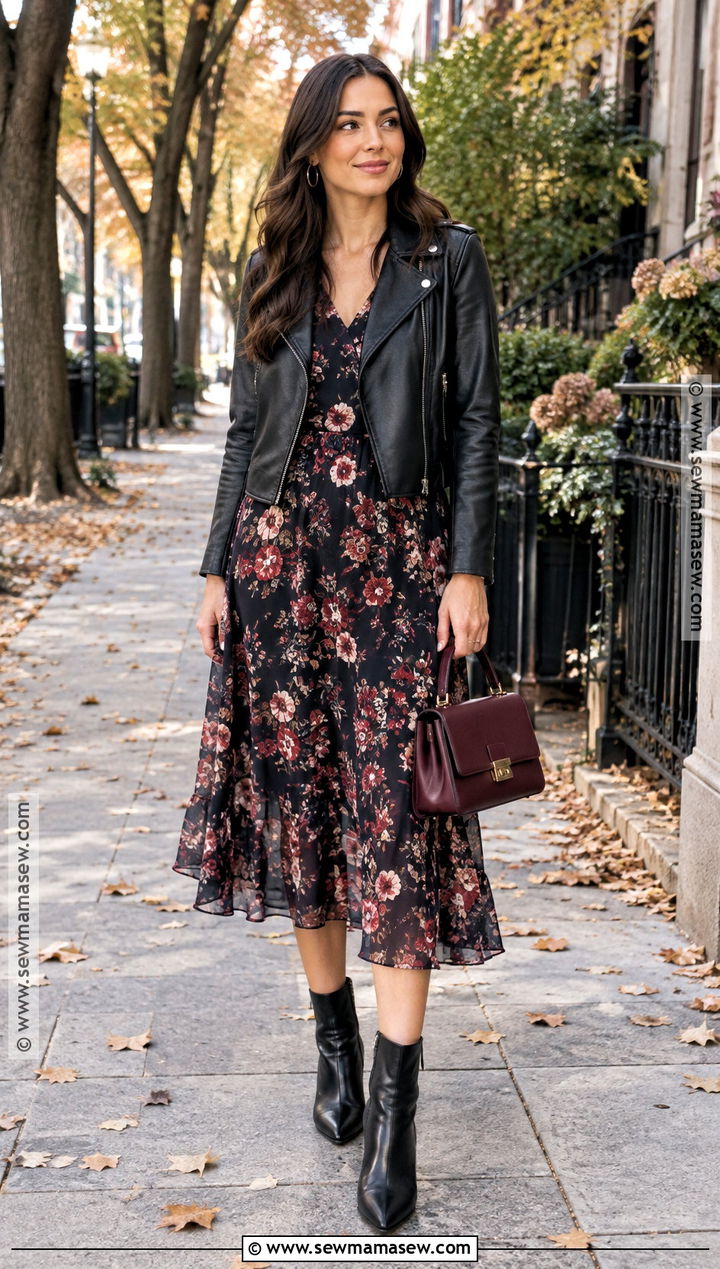 Floral Midi Dress And Moto Jacket Birthday Outfit - 25 birthday outfit fall ideas