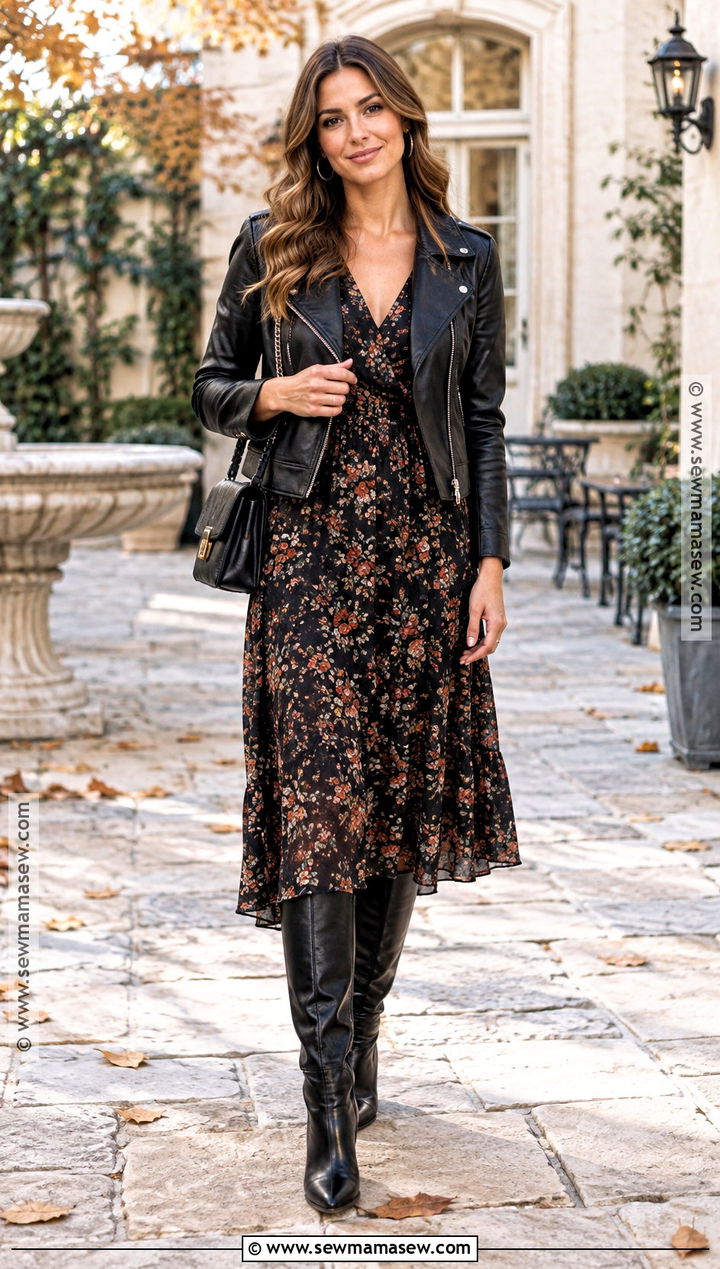 Floral Midi Dress And Moto Jacket Fall Outfit - 25 fall autumn outfits