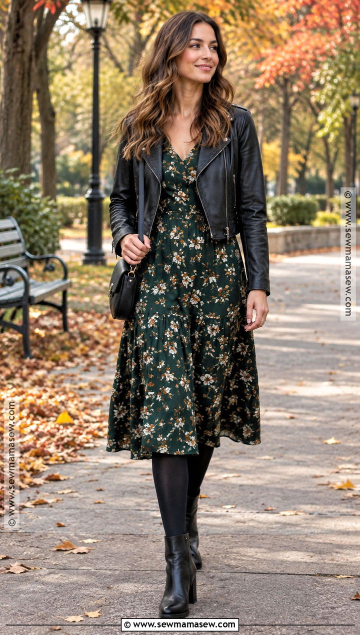 Floral Midi Dress And Moto Jacket With Black Ankle Boots - 15 Black Ankle Boots Fall Fashion