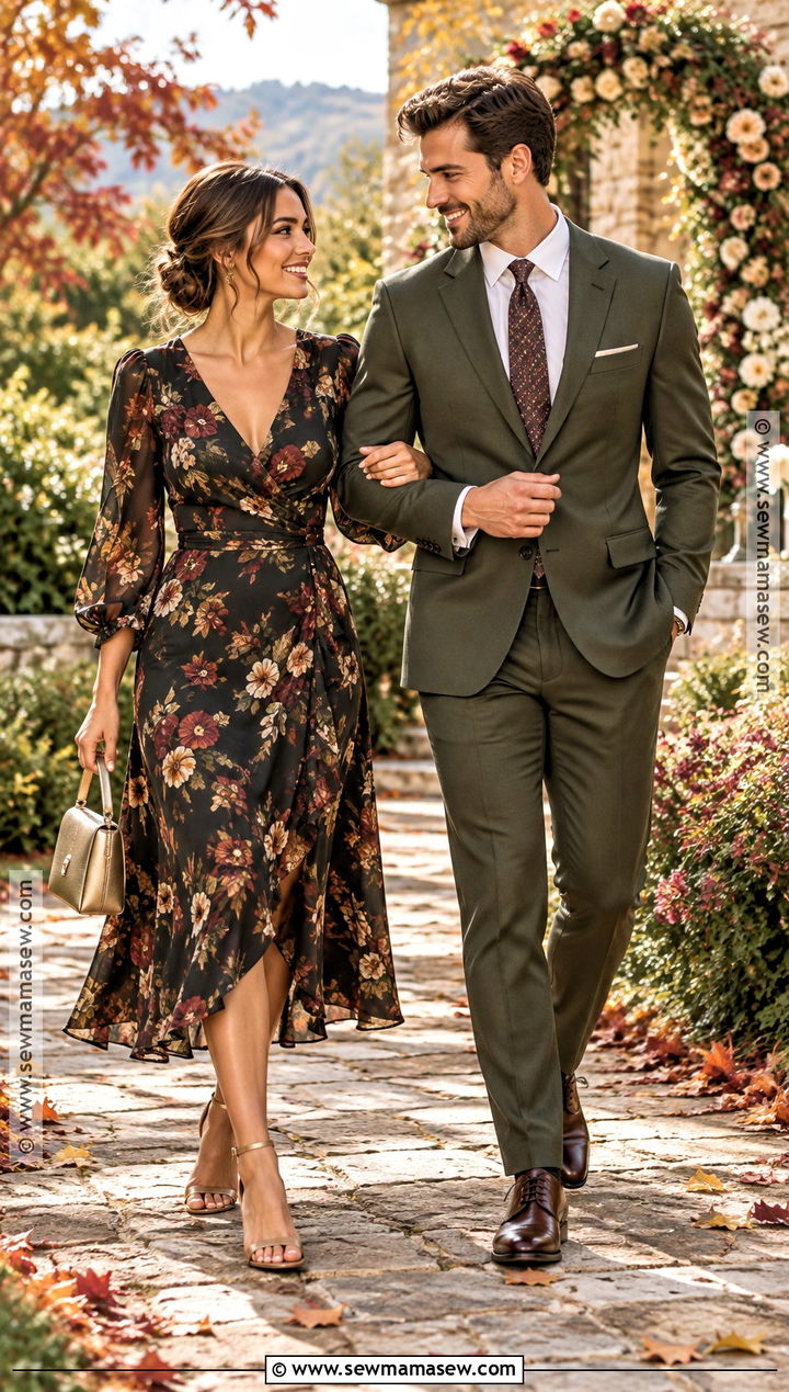 Floral Midi Dress And Olive Suit Fall Wedding Guest Couple Outfit - 15 Wedding Guest Couple Outfit Fall Ideas