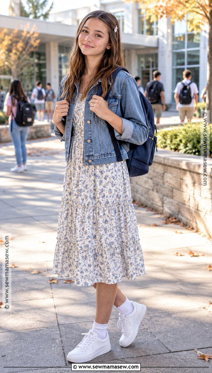 Floral Midi Dress And Sneakers Outfit - 20 cute back to school outfits for 8th