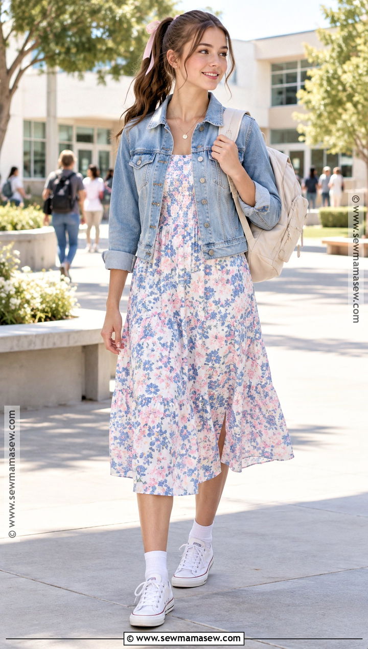 Floral Midi Dress And Sneakers Outfit - 15 Girly Back To School Outfits Highschool