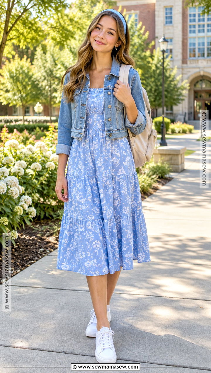 Floral Midi Dress And Sneakers School Outfit - 20 cute back to school outfits highschool