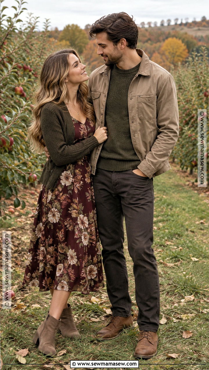 Floral Midi Dress And Solid Knit Fall Couple Photoshoot Outfit - 20 couples photoshoot outfits fall