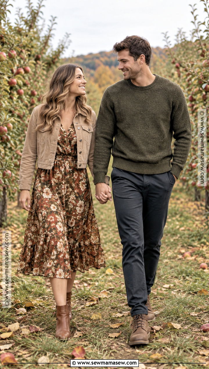 Floral Midi Dress And Solid Sweater Couples Fall Photoshoot Outfit - 25 couples fall photoshoot outfits