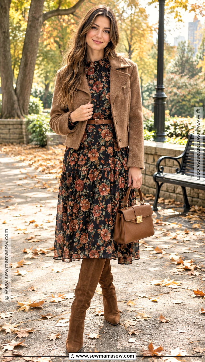 Floral Midi Dress And Suede Boots Autumn Outfit - 15 Autumn Outfits Aesthetic 2026