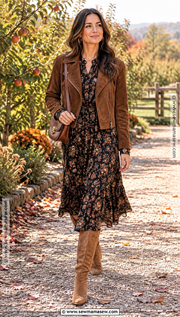 Floral Midi Dress And Suede Boots Birthday Outfit - 15 fall birthday outfit ideas for women