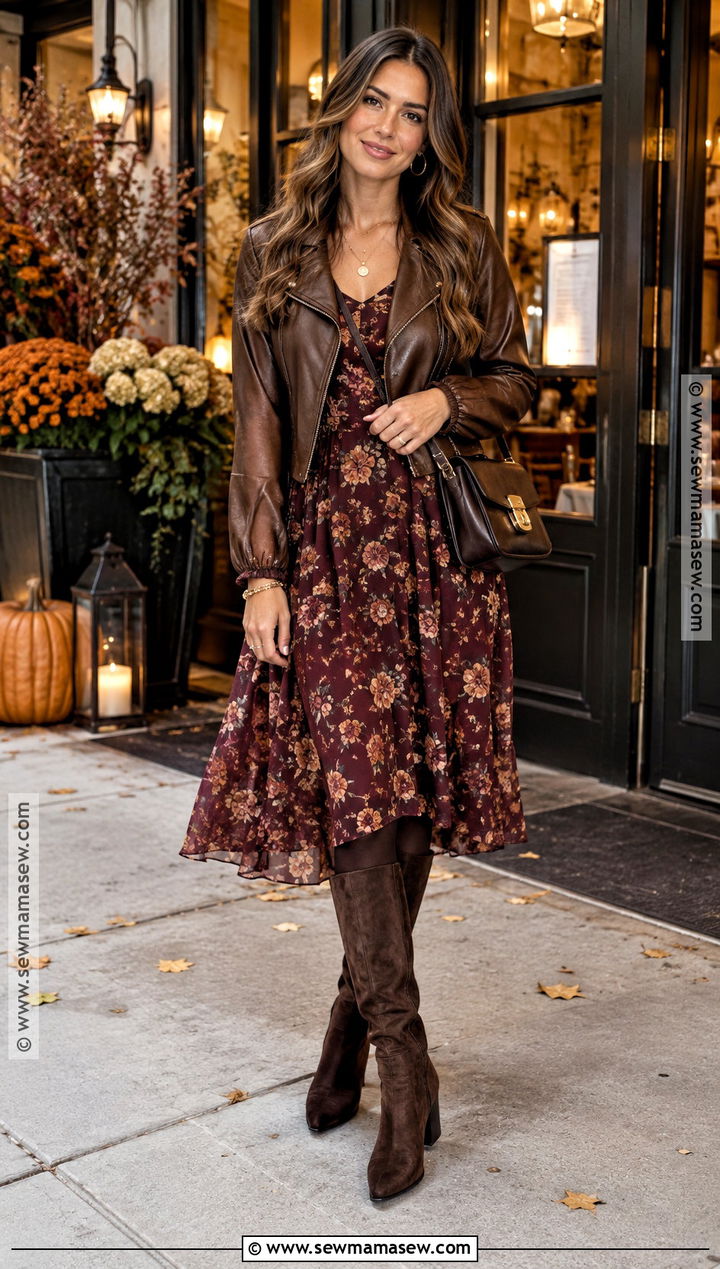 Floral Midi Dress And Suede Boots Dinner Outfit - 25 dinner outfit fall ideas