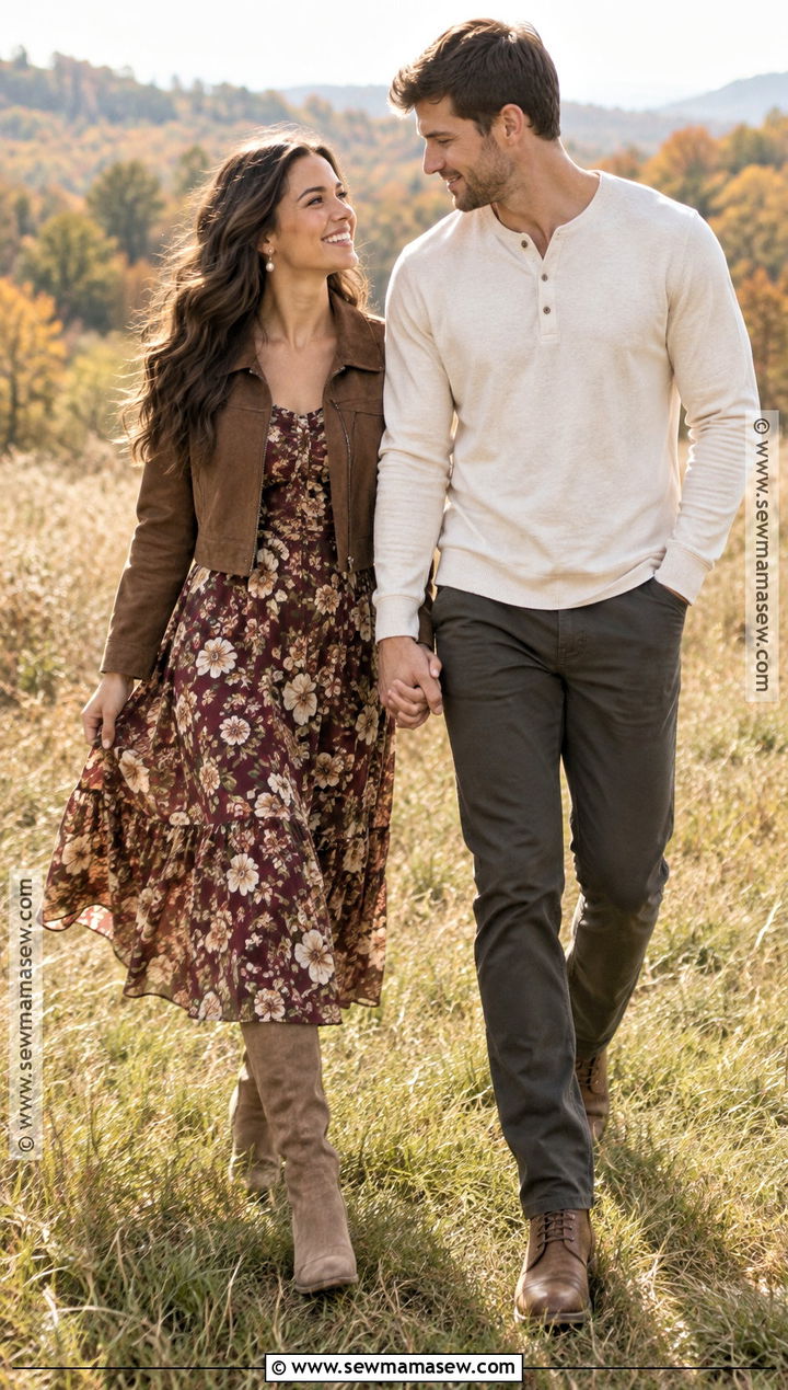 Floral Midi Dress And Suede Boots Engagement Outfit - 15 engagement photos outfits fall country