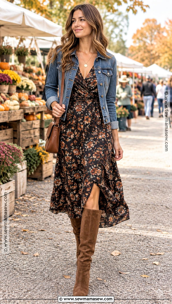 Floral Midi Dress And Suede Boots Fall Date Outfit - 15 cute date fall outfits