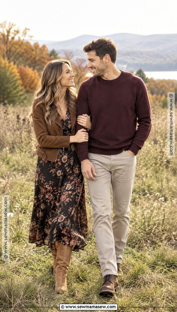 Floral Midi Dress And Suede Boots Fall Engagement Photo Outfit - 20 outdoor engagement photos outfits fall