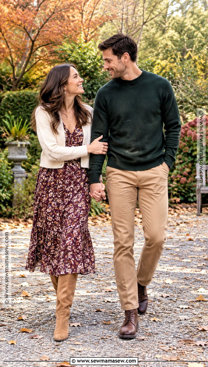 Floral Midi Dress And Suede Boots Fall Engagement Photo Outfit - 15 fall outfits engagement photos