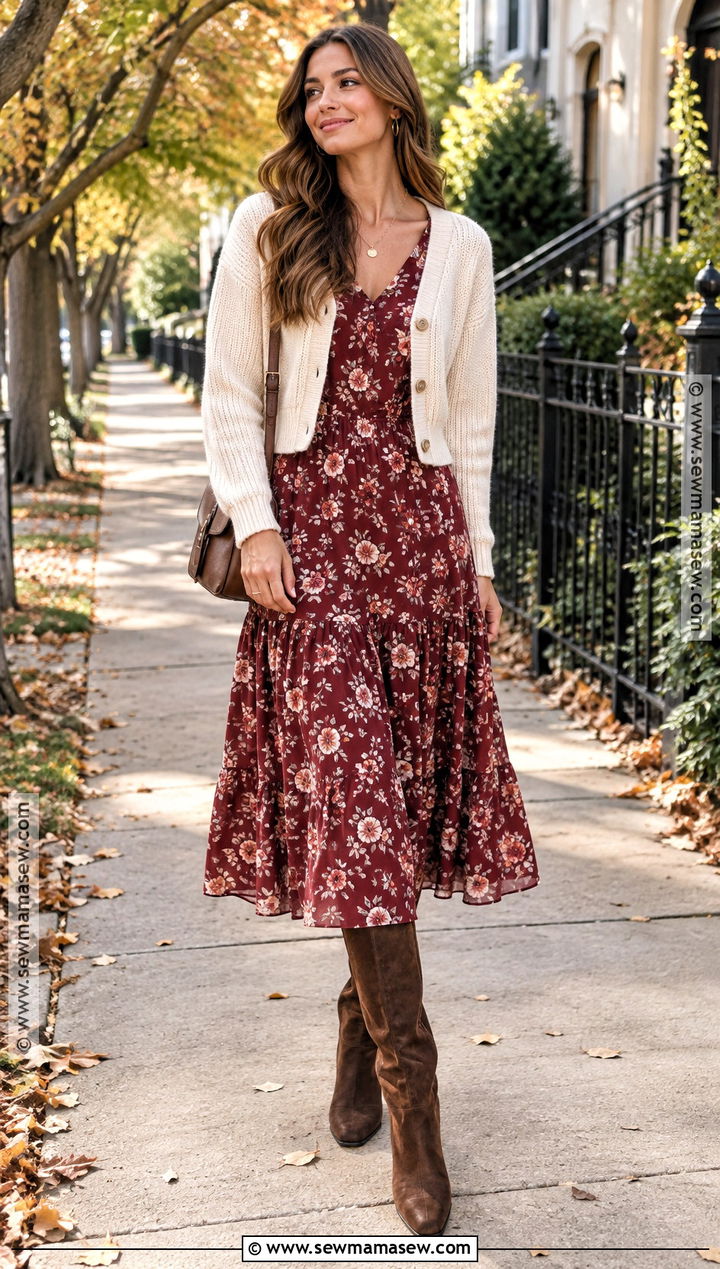 Floral Midi Dress And Suede Boots Fall Outfit - 20 Romantic Fall Outfits