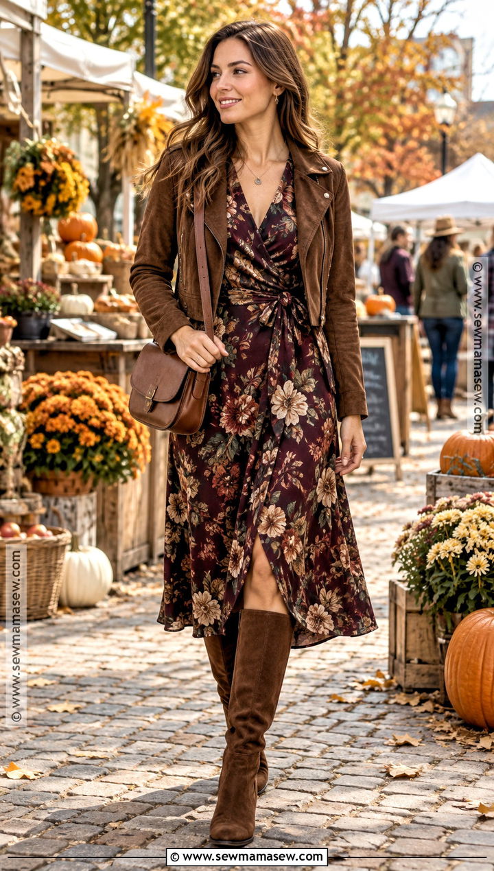 Floral Midi Dress And Suede Boots Fall Outfit - 25 datenight fall outfits