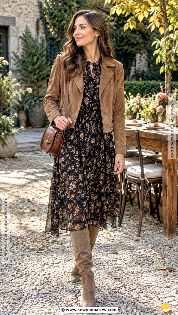 Floral Midi Dress And Suede Boots Fall Party Outfit - 15 fall party outfit ideas