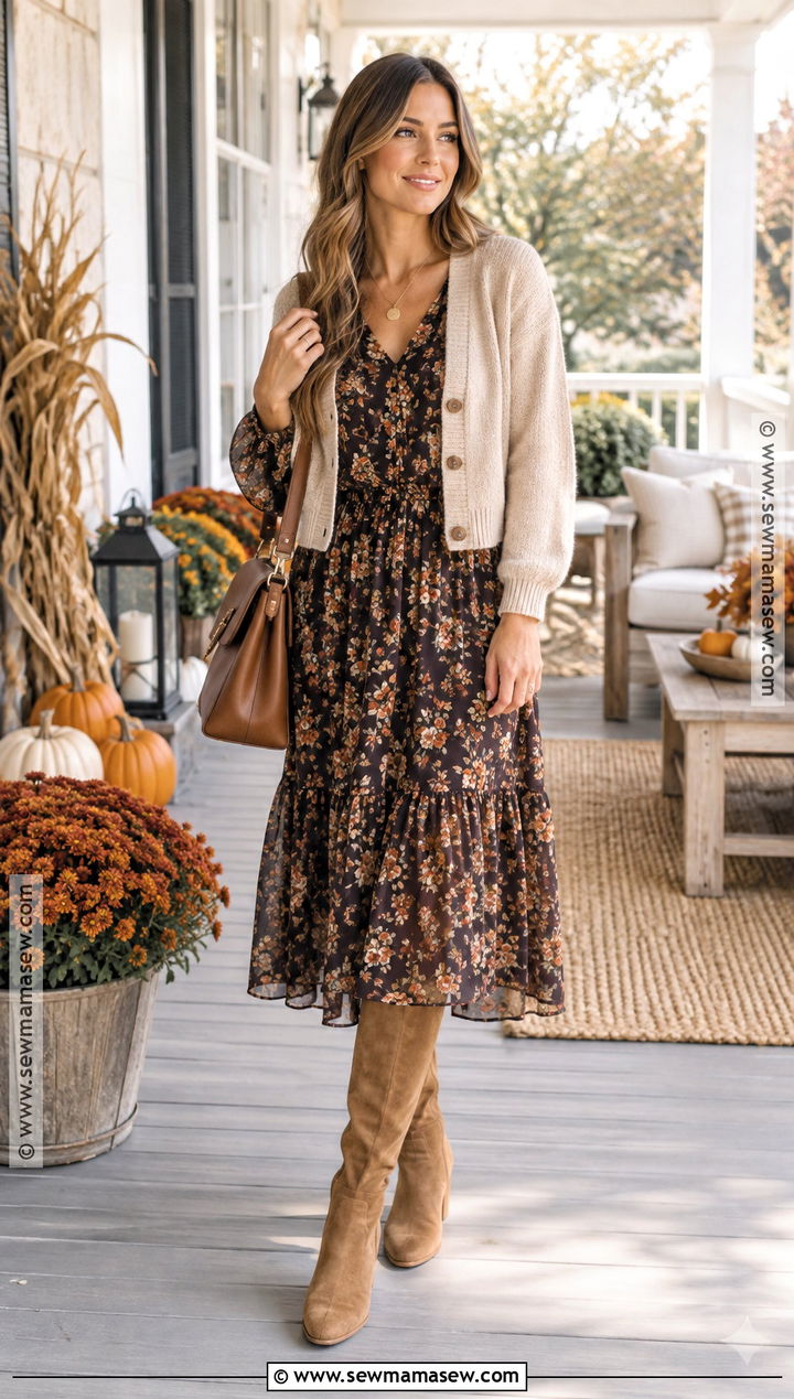 Floral Midi Dress And Suede Boots Thanksgiving Outfit - 20 Thanksgiving Inspo Outfits