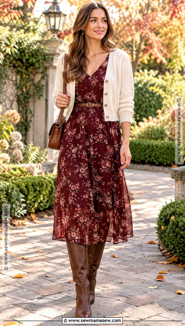 Floral Midi Dress And Tall Boots Autumn Outfit - 15 autumn 24 outfits