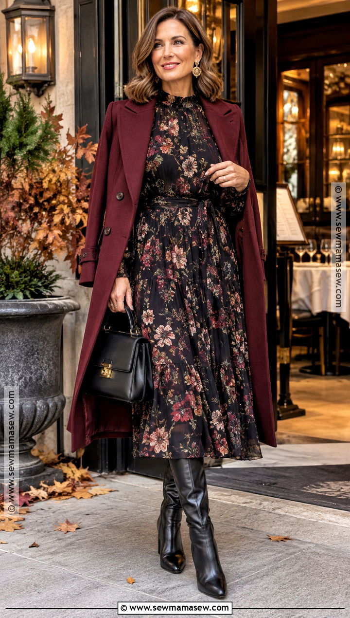 Floral Midi Dress And Tall Boots Fall Dinner Outfit - 20 dinner date fall outfit ideas
