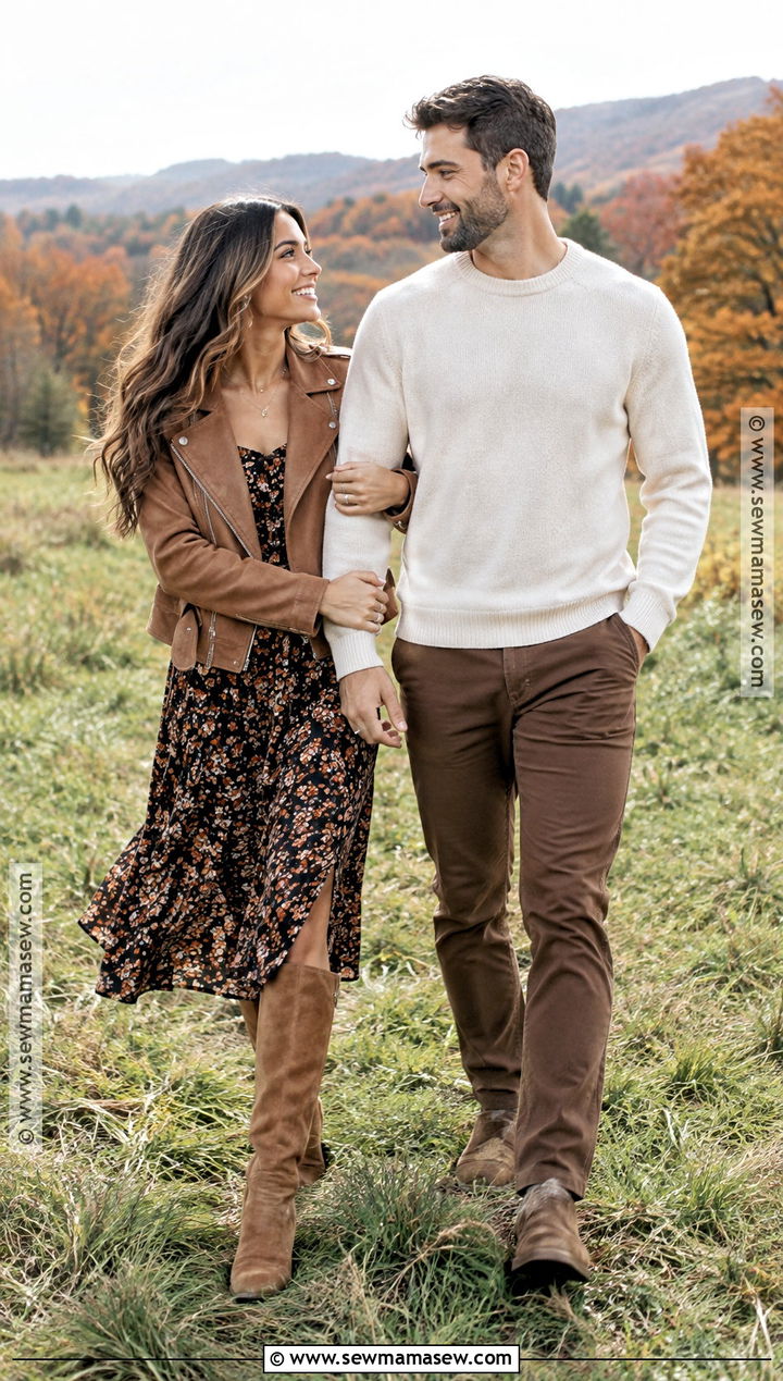 Floral Midi Dress And Tall Boots Outfit - 15 fall engagement photoshoot outfits