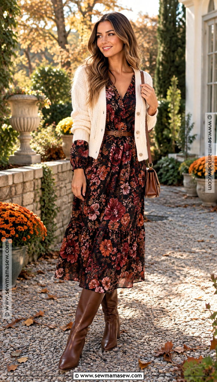 Floral Midi Dress And Tall Boots Thanksgiving Outfit - 20 Women Thanksgiving Outfit Ideas
