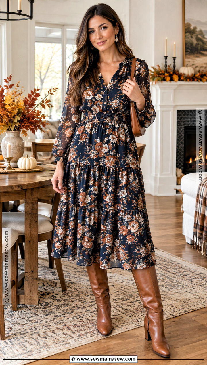Floral Midi Dress And Tall Boots Thanksgiving Outfit - 20 thanksgiving dinner outfit ideas for women