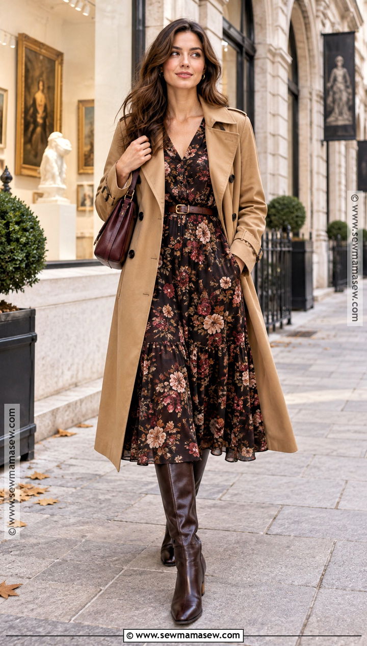 Floral Midi Dress And Trench Coat Fall Date Night Outfit - 30 fall date night outfit ideas