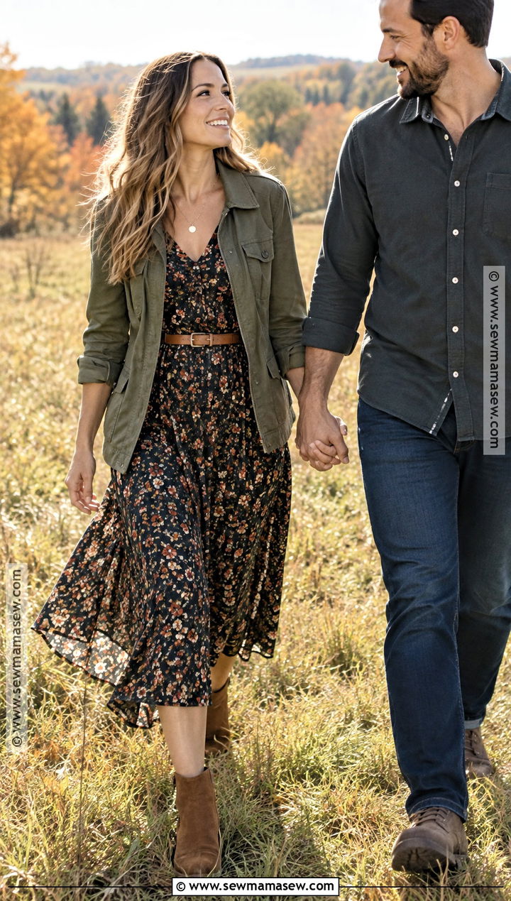 Floral Midi Dress And Utility Jacket Fall Engagement Outfit - 15 casual engagement pictures outfits fall