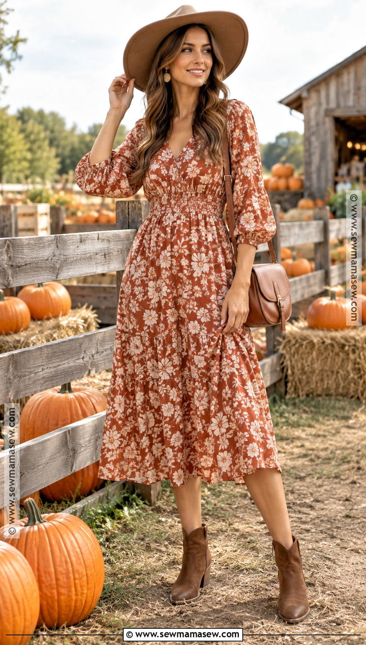 Floral Midi Dress And Western Boots Pumpkin Patch Outfit - 20 Pumpkin Patch Outfit Ideas Hot Weather
