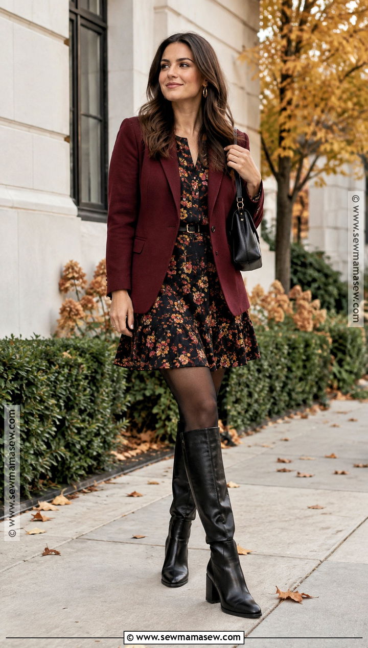 Floral Midi Dress Blazer and Heeled Boots Fall Outfit - 20 fall outfits with heels