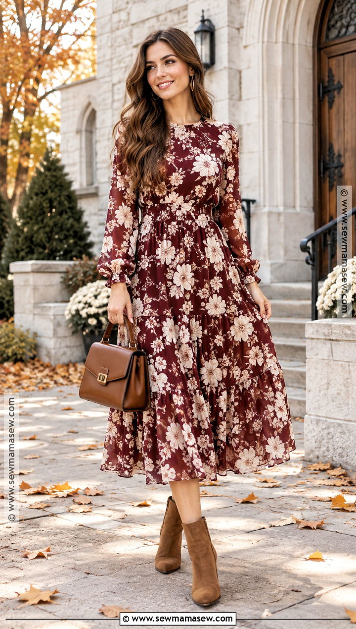 Floral Midi Dress Church Outfit - 25 fall church outfit ideas