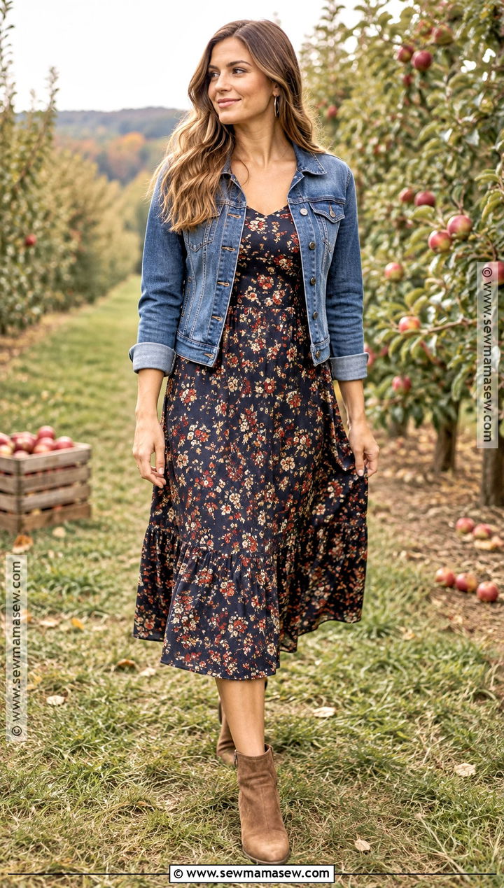 Floral Midi Dress Engagement Photo Outfit With Denim Jacket - 15 engament photo outfits fall