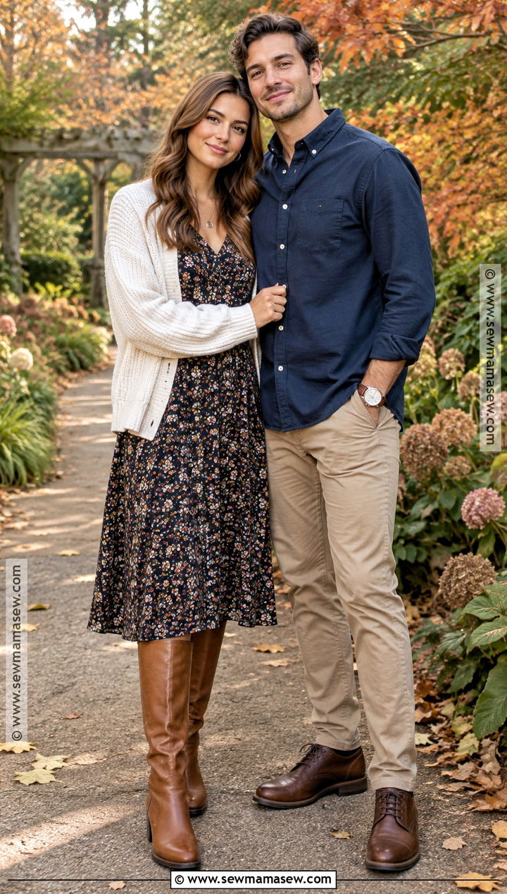 Floral Midi Dress Engagement Photo Outfit - 15 engagement photo shoot outfits fall