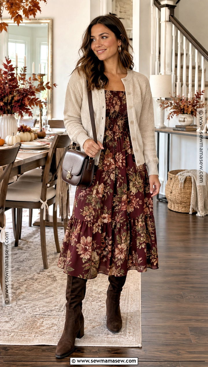 Floral Midi Dress Fall Baby Shower Outfit - 25 fall baby shower outfit ideas