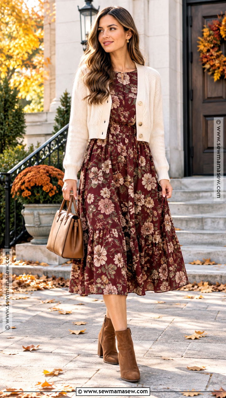 Floral Midi Dress Fall Church Outfit - 15 fall sunday church outfit ideas