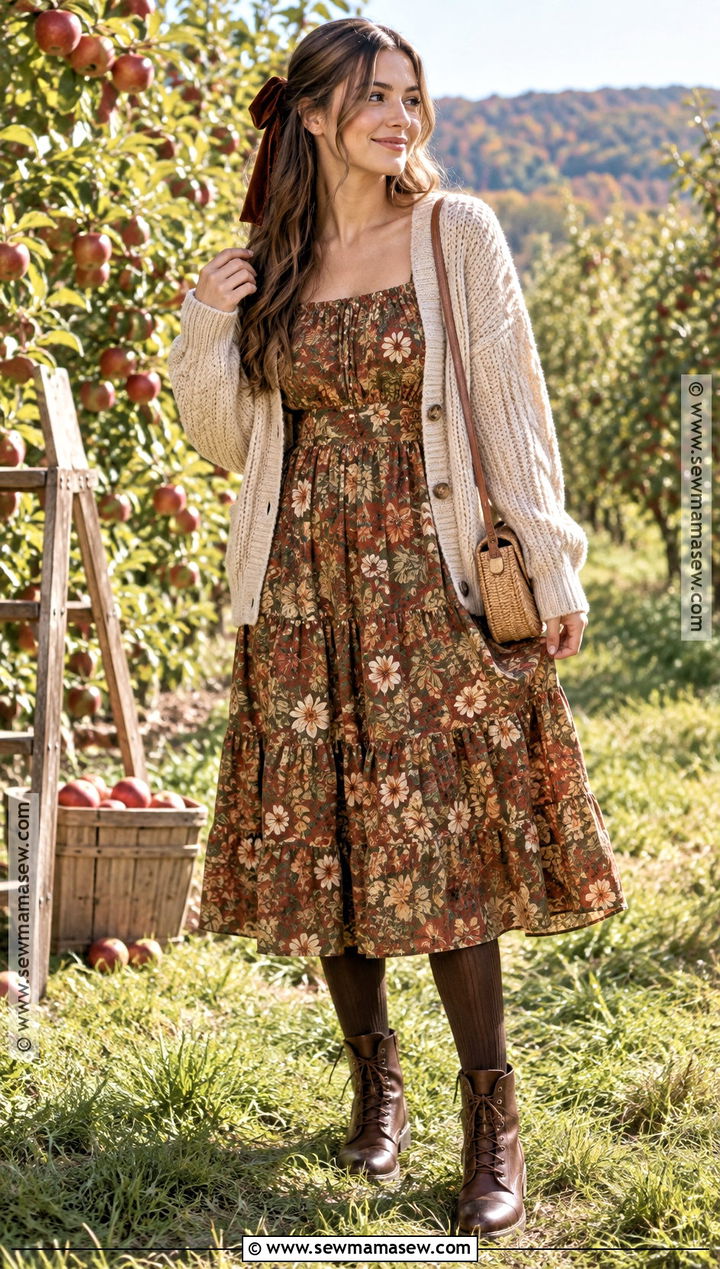 Floral Midi Dress Fall Cottage Outfit - 20 Fall Cottage Outfits