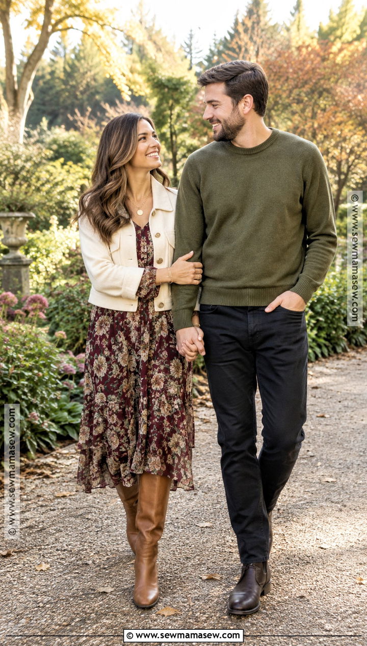 Floral Midi Dress Fall Engagement Shoot Outfit - 20 engagement shoot outfit fall ideas