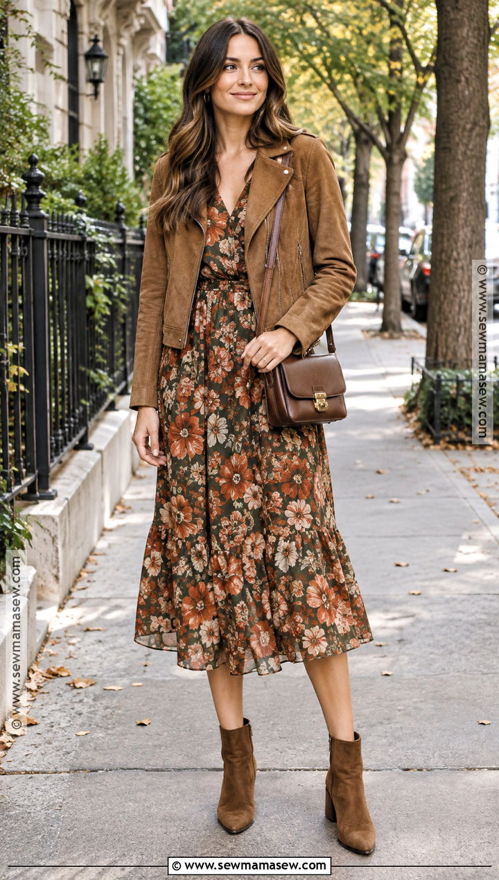 Floral Midi Dress Fall Outfit - 25 dress fall outfits