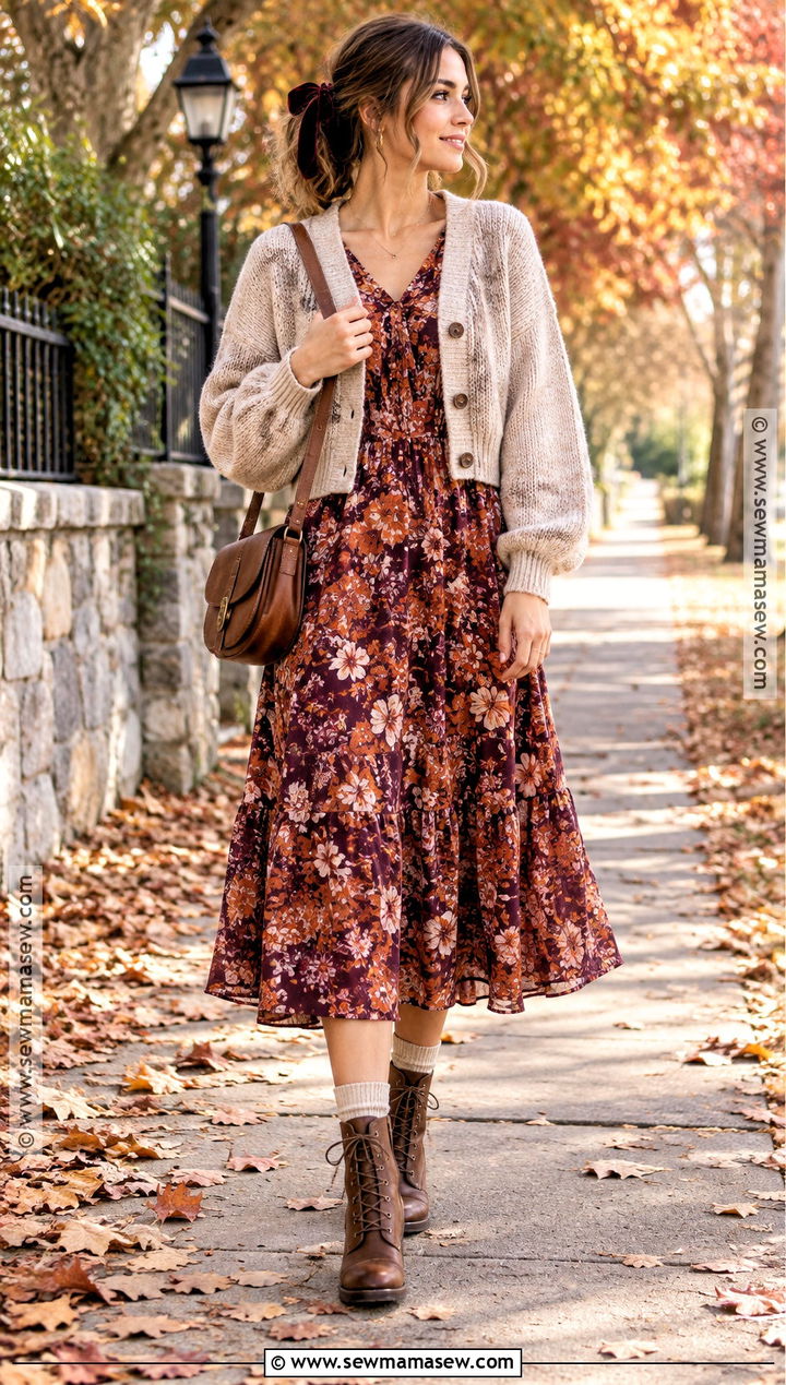 Floral Midi Dress Fall Outfit - 25 whimsical fall outfits