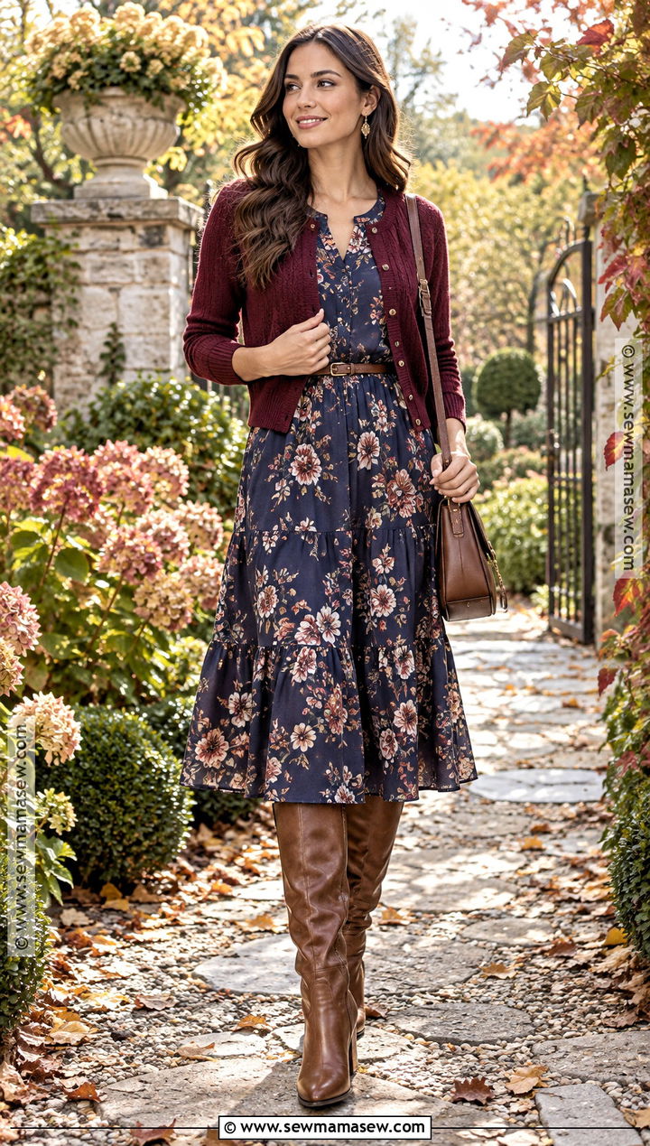 Floral Midi Dress Fall Outfit With Tall Boots - 25 autumn fall outfits