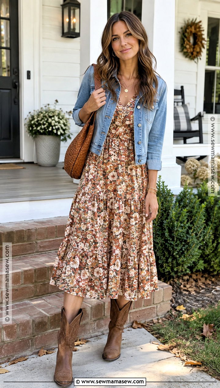 Floral Midi Dress Fall Outfit With a Denim Jacket - 20 southern fall outfits