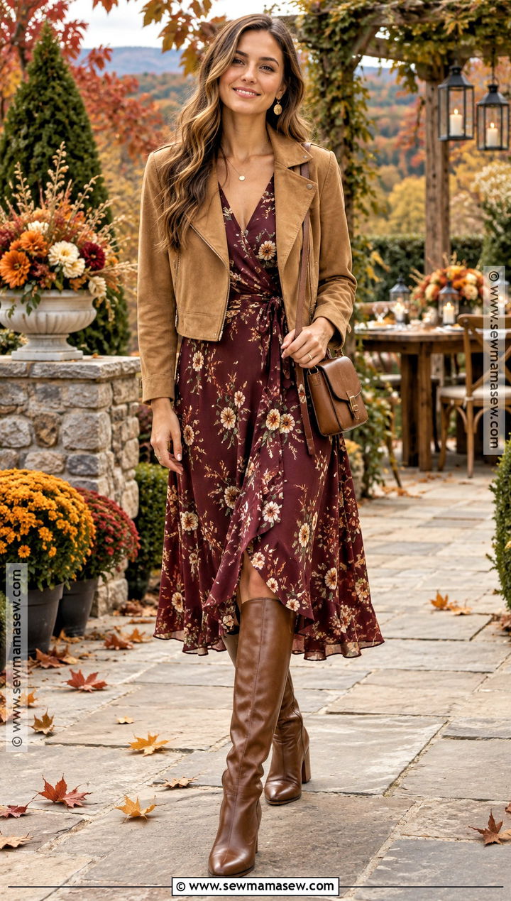 Floral Midi Dress Fall Party Outfit - 15 Outdoor Fall Party Outfit Ideas