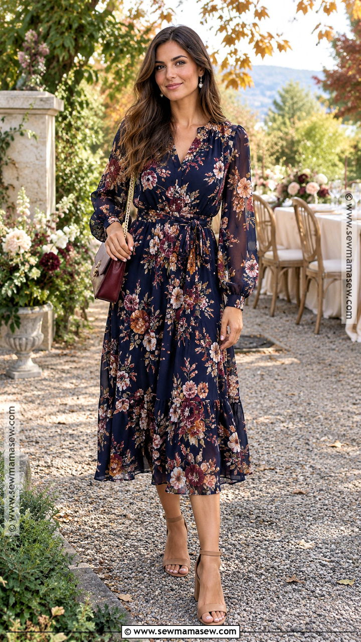 Floral Midi Dress Fall Wedding Shower Outfit - 20 Fall Wedding Shower Outfit For Guest Ideas