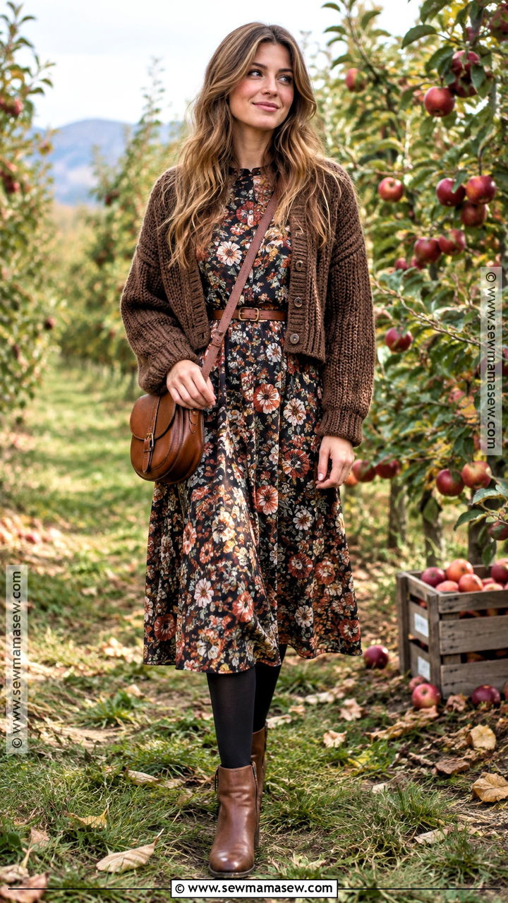 Floral Midi Dress Farm Outfit With A Cardigan And Ankle Boots - 20 Fall Farm Outfits for Women