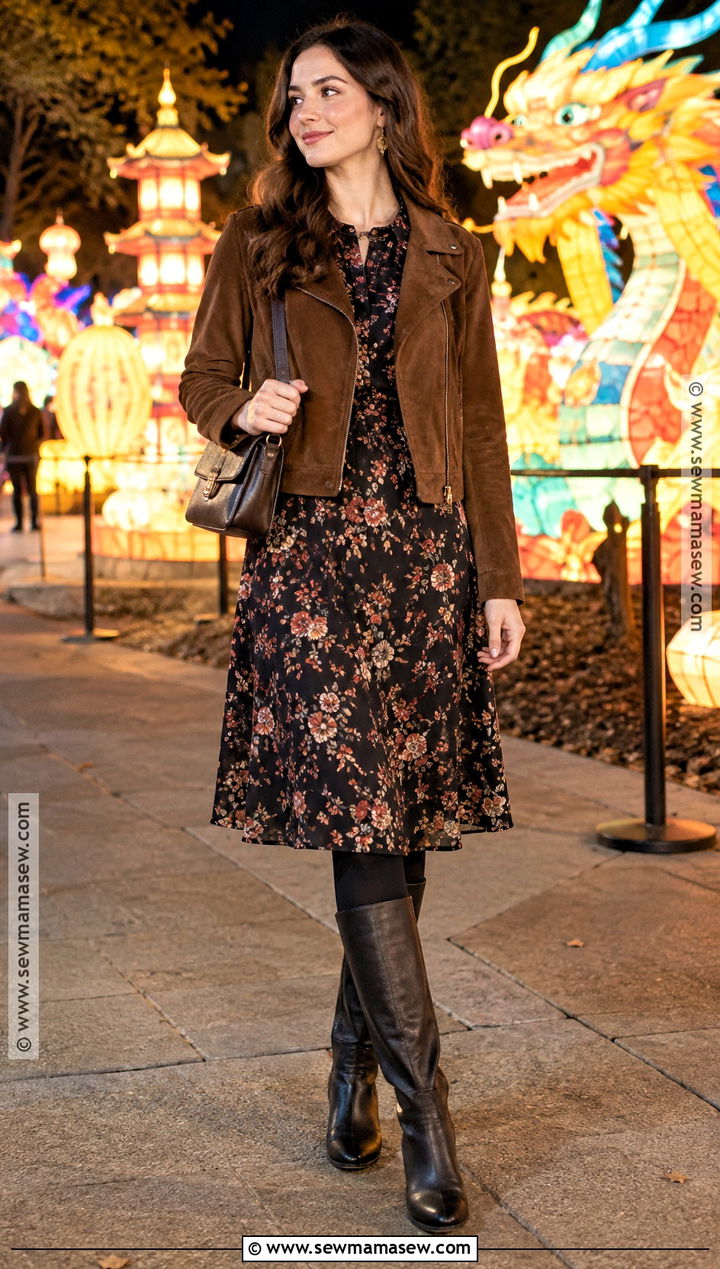 Floral Midi Dress Lantern Festival Outfit With Boots - 15 Lantern Festival Outfit Fall Ideas