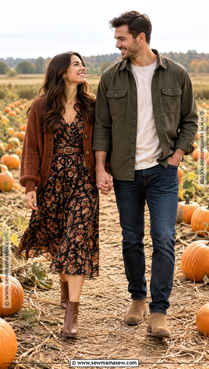 Floral Midi Dress Pumpkin Patch Couple Outfit - 25 Pumpkin Patch Couple Outfit Ideas