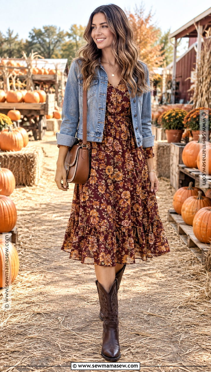 Floral Midi Dress Pumpkin Patch Outfit With Cowgirl Boots - 20 Pumpkin Patch Outfit Cowgirl Boots