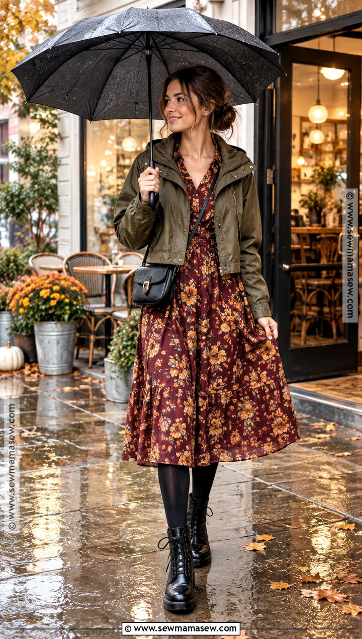 Floral Midi Dress Rain Jacket And Combat Boots Outfit - 25 autumn rainy day outfit ideas