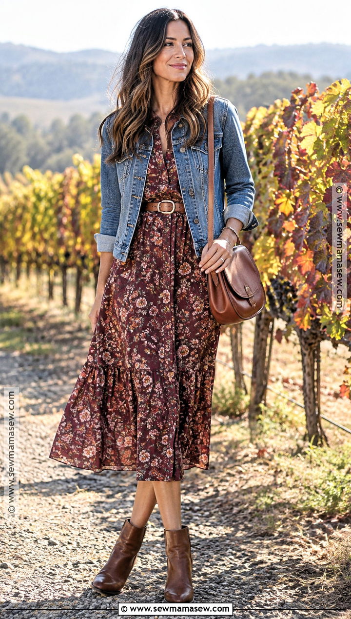 Floral Midi Dress Winery Outfit With Denim Jacket - 20 Winery Outfit Fall Wine Tasting Ideas