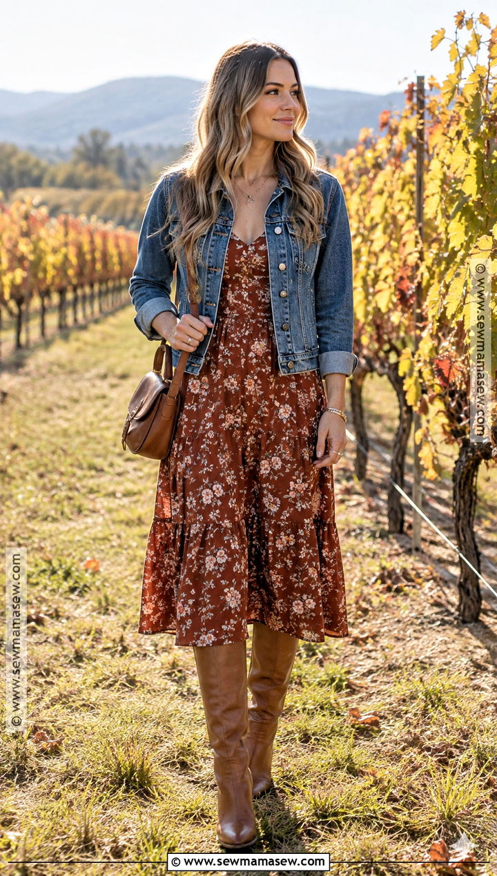 Floral Midi Dress Winery Outfit With Denim Jacket - 25 fall winery outfits